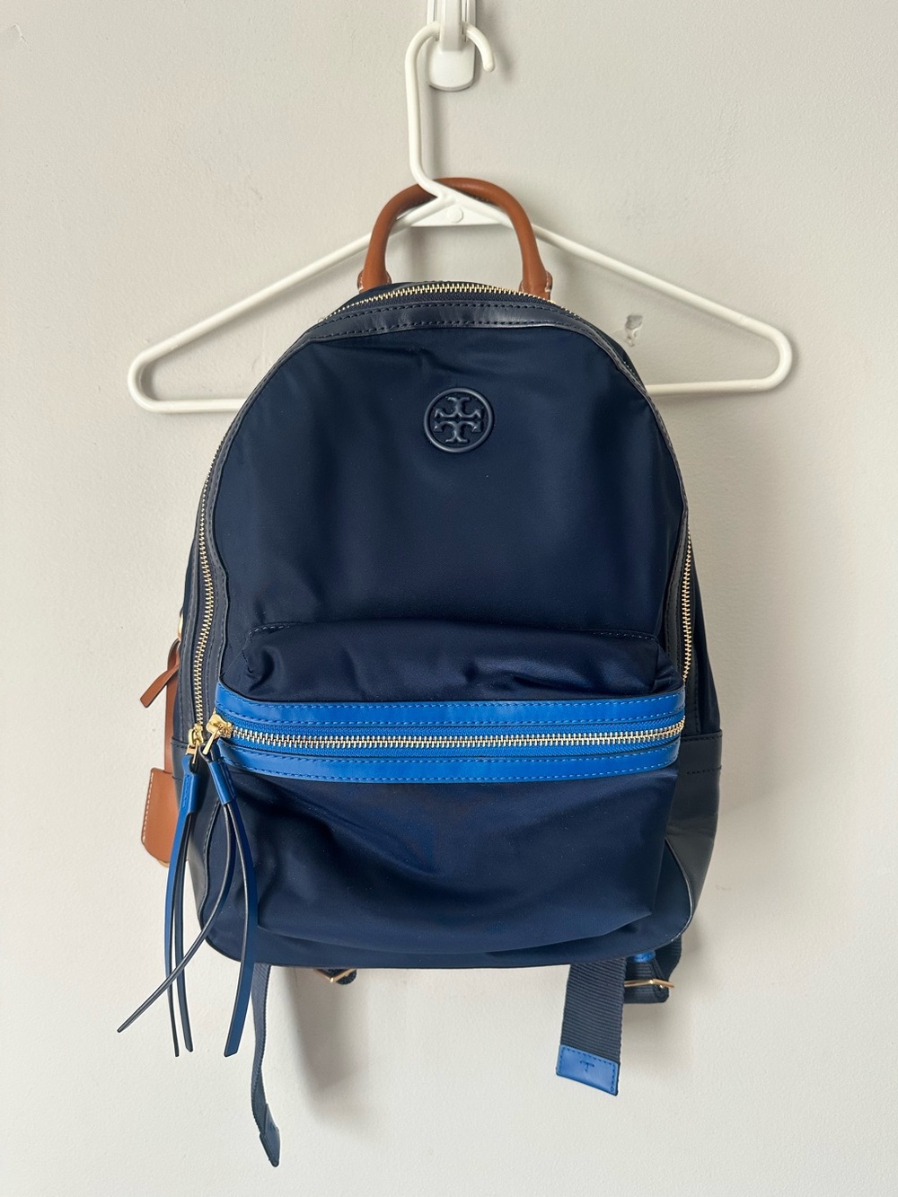 Tory Burch Navy Backpack with Bright Blue Trim and Tan Leather Handle - Picture 2 of 14